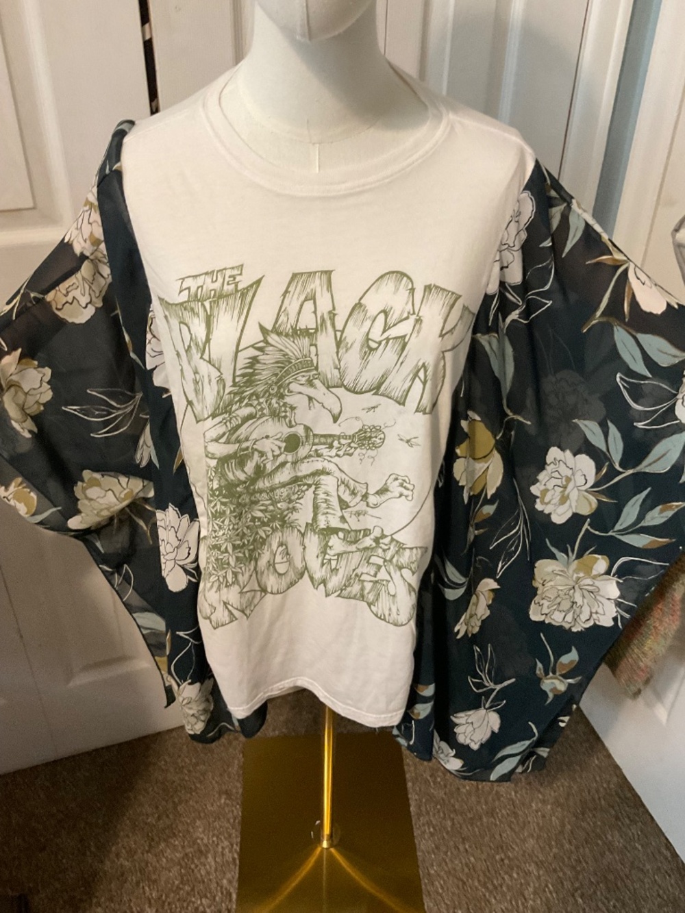 The Black Crowes Upcycled T-Shirt with Flowy Floral Sleeves - OSFM